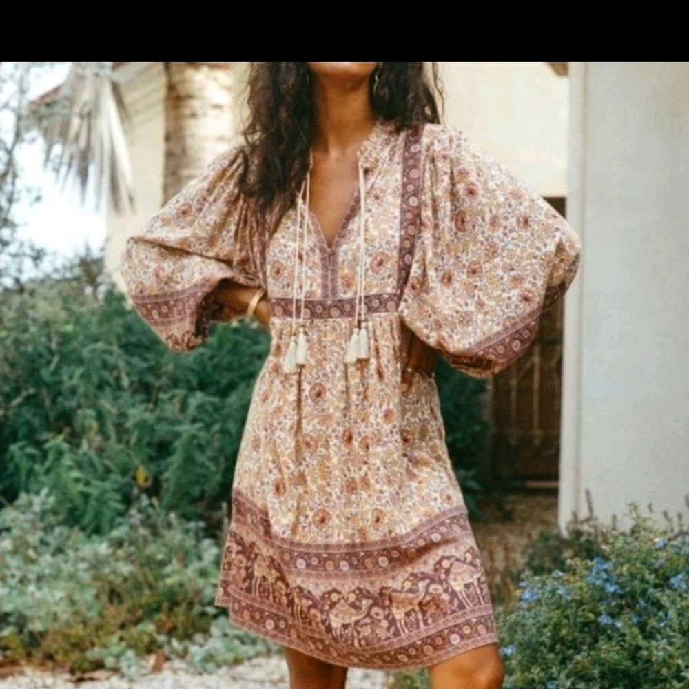 Spell Floral Bohemian Mini Dress in Cream and Brown